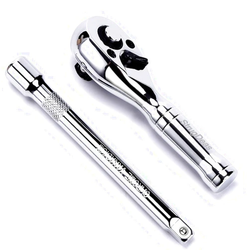 StrugDeas 3/8-Inch Drive Ratchet Wrench, 72-Tooth Stubby Quick-Release Socket Wrench with a Extension Bar(5 inch), Reversible Switch, Chrome Alloy Made, Full-Polished Chrome Plating