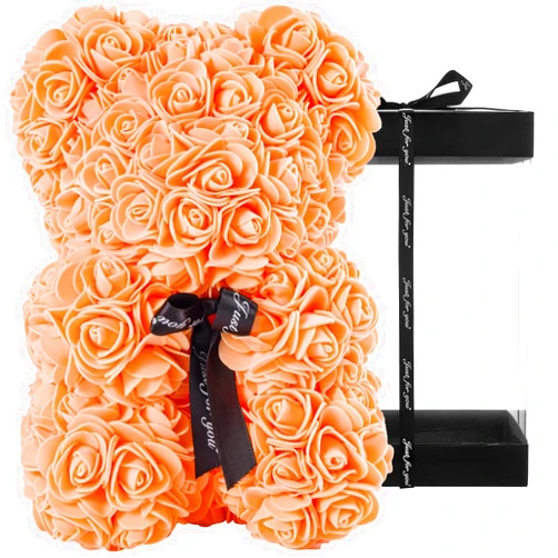 DuHouse Rose Bear Rose Teddy Bear Flower Gift Black Box for Valentines Gifts Anniversary Christmas,Birthdays Bridal Showers -Fully Handmade 10 inch Flower Bear Clear Gift Box (Orange)