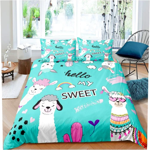 Erosebridal Llama Alpaca Duvet Cover Twin Size Cute Llama Bedding Set Cartoon Llama Alpaca Design Comforter Cover for Boys Girls Children Teens Animal Theme Bedroom Decor, Green