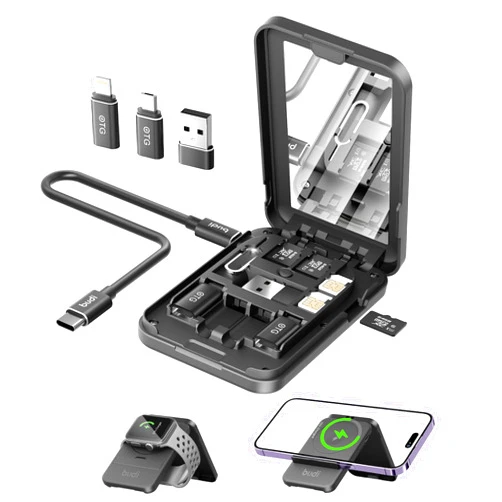 BUDI Travel 5 in 1 Watch & Phone Charger，Multifunctional Compact Data Cable Case with 15W Wireless Charging USB-C Cable and OTG Adapter Kit Storage Case for Travel Data Transfer (Ultimate Version)