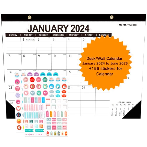 Abealv January 2024 - June 2025 Wall Calendar, Desk Calendar with Transparent Cover, Ruled Blocks, Marked Holidays, Julian Date and Planner Stickers Perfect for Home Office Planning, 17