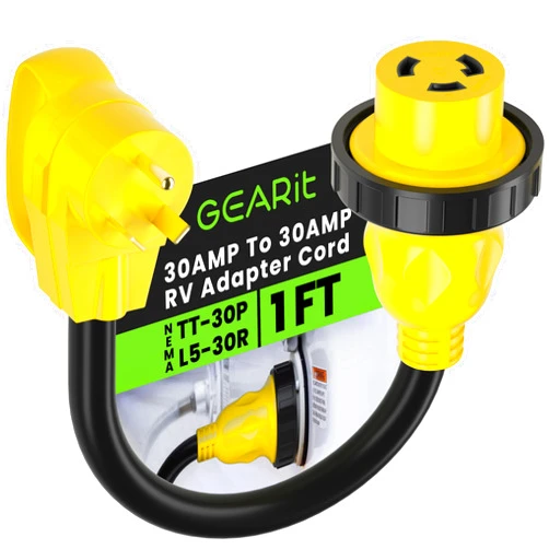 GearIT 30 Amp to 30 Amp RV Adapter Cord with Locking Connector Plug, 30Amp Male to 30Amp Female Dogbone RV Trailer Camper, NEMA TT-30P to L5-30R, STW 10 Gauge Heavy Duty Electrical Power - 12in, 1ft