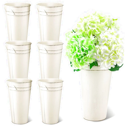 Irenare 12 Inch Vintage Galvanized Flower Bucket Metal Flower Vase Farmhouse French Bucket Planter Metal Floral Container for Party Table Centerpiece Weddings Home(White,6 Pcs)