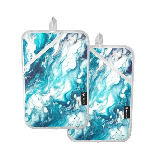 Bulletgxll 2 Pcs Pot Holders for Kitchen Turquoise Blue Marble Texture Heat Resistant Potholder Set, Oven Hot Pads with Pockets for Baking Cooking