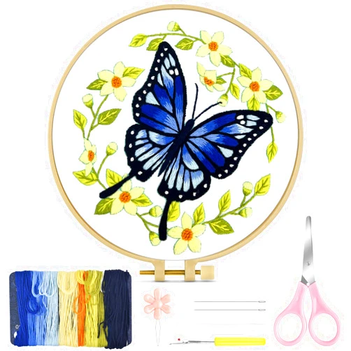 TINDTOP Embroidery Kit for Beginners Adult, Butterfly Embroidery Kit for Beginners Include Embroidery Cloth Hoops Threads for Craft Lover Hand Stitch with Embroidery Skill Techniques