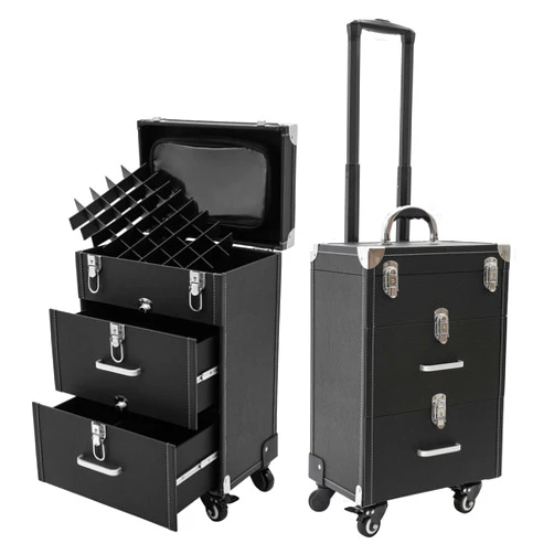 UIdili Large Capacity Rolling Cosmetic Case, Travel Trolley Case Mobile Storage Box, Multifunctional Makeup Train Case, Portable Tool Organizer with Lock and Universal Wheels for Beauty Salon Nail (Black)