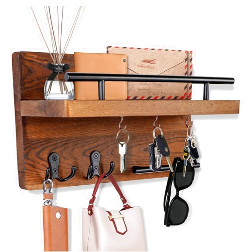 OurWarm Mail Key Holder for Wall Decorative, Wooden Mail Organizer Wall Mount with 5 Key Hooks, Wood Key Hangers for Wall with Mail Key Rack, Rustic Mail Sorter for Entryway Office Hallway Home Decor