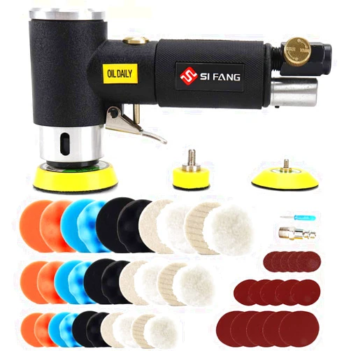 SI FANG 48Pcs 1'' 2'' 3'' Mini Random Orbital Air Sander Kit,High Speed Mini Pneumatic Sander Polisher for Auto Body Work, Includes 1/2/3in Polishing Sponge & Wool Pads Sandpapers(Black Kit)