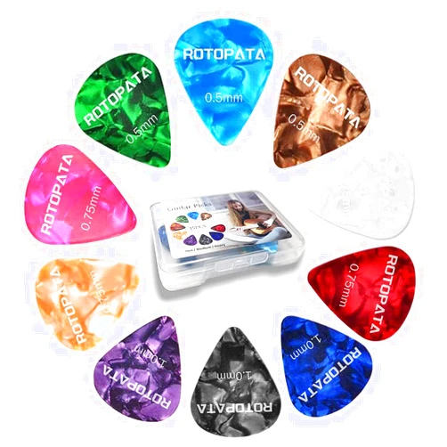ROTOPATA 15 Pack Guitar Picks Plectrums with Organizer Storage Box, 0.5 0.75 1.0 mm Includes Thin Medium Heavy Thickness, Variety Colorful Celluloid Plectrums for Bass Electric Acoustic Guitars Ukulele