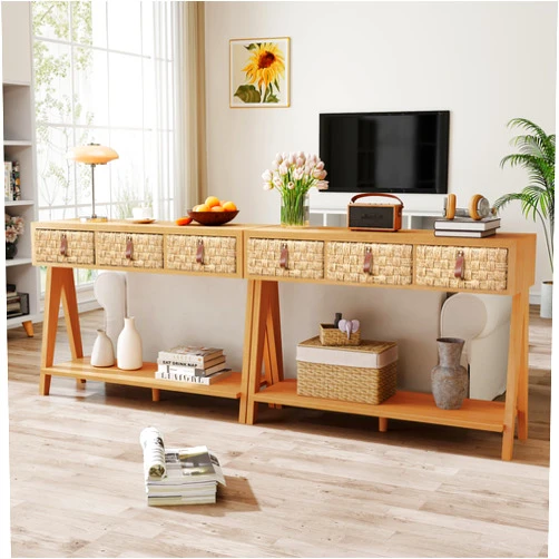 Pnochoo Sofa Table with Rattan 3 Drawers, Entryway Table with Storage Shelf, Farmhouse Wood Console Table, 2 Tier Long Behind Couch Table for Living Room, Hallway, Foyer, Entrance, Bedroom（2PC）
