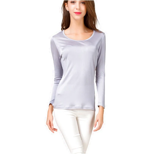 METWAY Women's Mulberry Silk T-Shirt Long Sleeve Pure Silk tee Shirt/Crew Neck Silk Blouse Undershirt