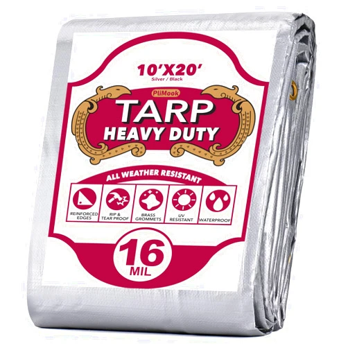PliMook Tarp 10x20FT, 16 Mil Heavy Duty Large Tarps, Waterproof Tarp Cover with Brass Grommets and Reinforced Edges, UV Resistant, Rip & Fade Proof, Large Tarp for Shelter Camping Car Tent