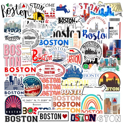 Rszwyk Boston Stickers, 50Pcs Cute Boston City Waterproof Vinyl Laptops Decorative Decals for Kids Girls Water Bottles Luggage Journal Phone Guitar Party Gift Graffiti Sticker Pack