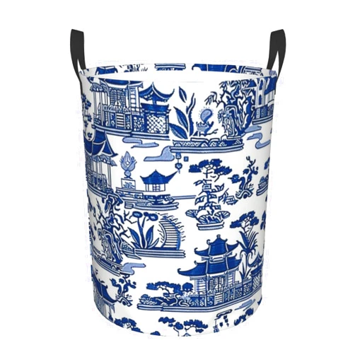 YDTBRUF Chinoiserie Laundry Basket Blue White Porcelain Foldable Waterproof Oxford Cloth Funny Tote Bag Chinese Ceramics Laundry Hamper Clothes Storage Bucket Toy Organizer For Bathroom Bedroom Toysroom Gift