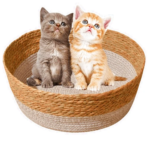CXYYXF Cat Basket Bed - Large Round Rattan and Cotton Rope Woven Beds for Indoor Cats and Small Dogs,Bucket Nest for Your Pet to Cuddle, Cute Circle Baskets for Kitty (Only Nest,Small)