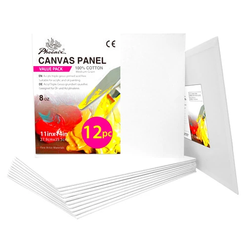 PHOENIX Painting Canvas Panels 11x14 Inch, 12 Value Pack - 8 Oz Triple Primed 100% Cotton Acid Free Canvas Boards for Painting, White Blank Flat Canvas Boards for Acrylic, Oil Paints