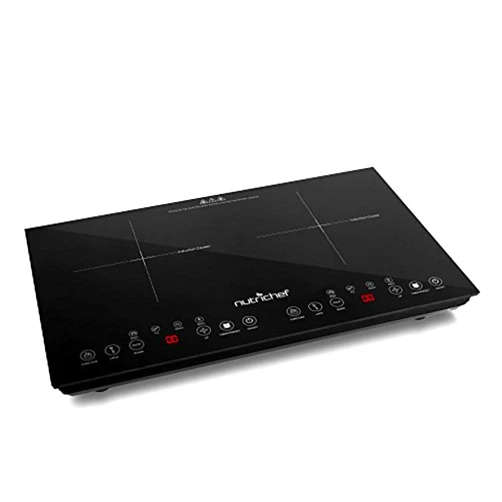 NutriChef Double Induction Cooktop - Portable 120V Digital Ceramic Dual Burner w/ Kids Safety Lock - Works with Flat Cast Iron Pan,1800 Watt,Touch Sensor Control, 12 Controls - PKSTIND48, Black