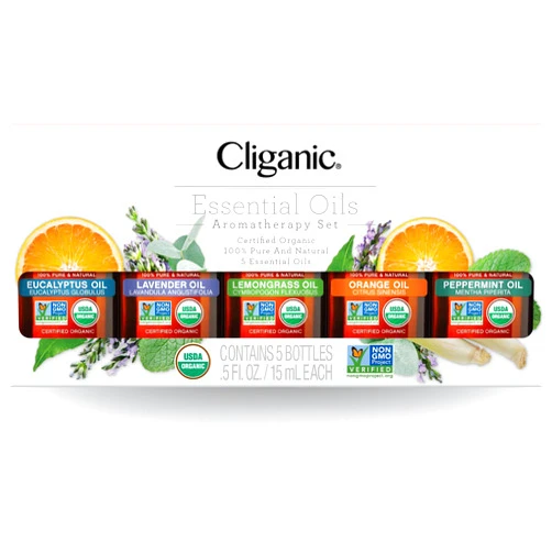Cliganic Organic Essential Oils Set (Top 5 x 15ml) - 100% Pure Natural - Aromatherapy, Candle Making - Peppermint, Lavender, Eucalyptus, Lemongrass & Orange