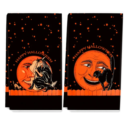 JarThenaAMCS Halloween Kitchen Dish Towel Vintage Witch Orange Moon Black Cat Dishcloth Hand Drying Tea Towel for Farmhouse Home Kitchen Cooking Baking Bathroom, 2Pcs