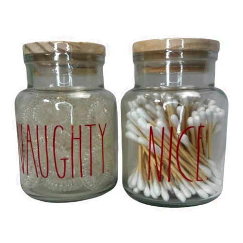Hidd_ntr_asur_s set of two NAUGHTY/NICE cotton swabs and spiral hair ties Glass LL Bathroom Vanity Organizer Apothecary Jars