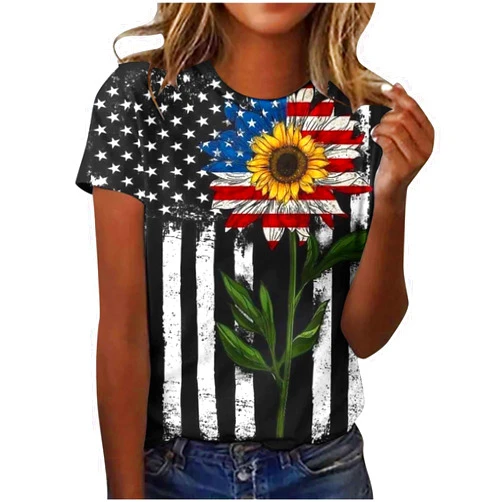 Ceboyel Women 2023 Sunflower American Flag Shirt Stars Stripes Patriotic Graphic Tees Short Sleeve Tops Fourth of July Outfit