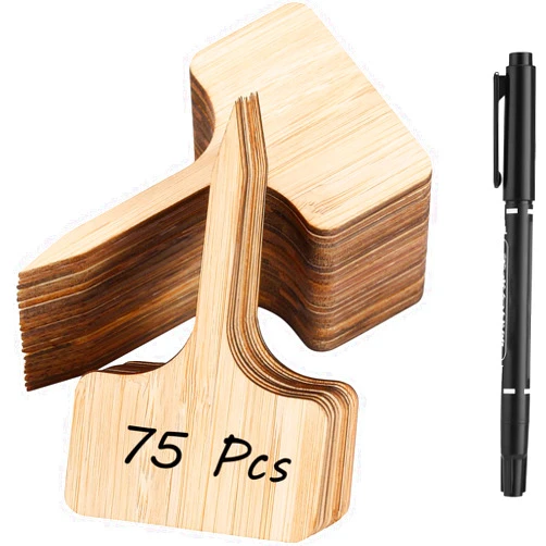 CJFocus 75Pcs Bamboo Plant Labels with 1 Marker Pen, T-Type Natural Seedling Nursery Sign Tags, Wood Garden Markers Decorative Patio Tags for Outdoor Indoor Potted Plants Herbs Flowers Vegetables