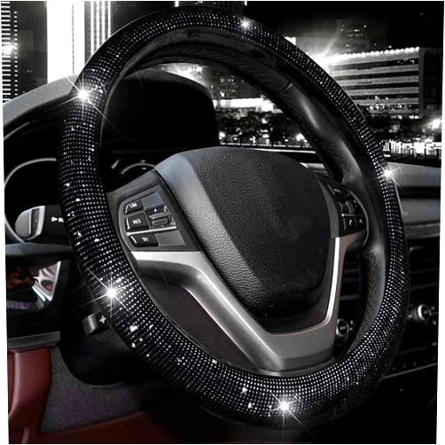 Valleycomfy Steering Wheel Cover for Women 15 1/2 inches-16 inches Bling Bling Crystal Diamond Sparkling for F150 F250 F350 Ram 4Runner Tacoma Tundra Range Rover (Black with Black Diamond)