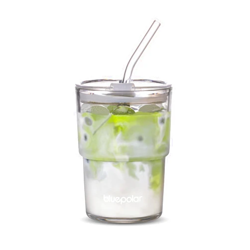 BLUEPOLAR 13oz/400ml Glass Water Tumbler with Straw and Lid Sealed Carry On Thick Wall Iced Coffee Cup Glass Cup for Water, Iced Tea Fruit Juice Etc(Aurora White