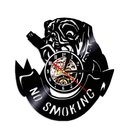 ICECHEN Vinyl Record Wall Clock Pug Dog Silhouette Shadow No Smoking Vinyl Record Wall Clock Dog Puppy Animal 3D Art Wall Nursery Decor Gift
