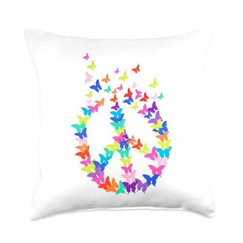 Peace, Butterfly & Hippy Design Peace Butterflies Hippie Costume 60s 70s Throw Pillow, 18x18, Multicolor
