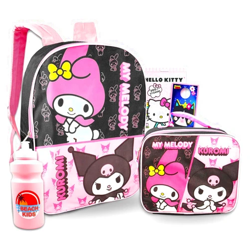 SANRIO My Melody and Kuromi Backpack with Lunch Box Set - Bundle with 16” My Melody & Kuromi Backpack, Lunch Bag, Water Bottle, Stickers, More | Hello Kitty and Friends Backpack for Girls