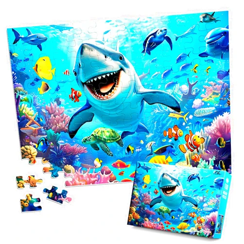 Jeacirio 100 Piece Puzzles for Kids Ages 4-8 - Grinning Shark Marine Life - Jigsaw Puzzles for Kids Ages 3-5 6-8 8-10 Year Old Colorful Undersea World Puzzles for Boys and Girls Educational Learning Toys