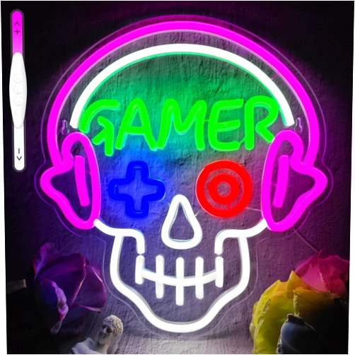 JIARODEY Gamer Neon Sign Dimmable Gamer Skull Neon Signs for Gamer Room Wall Decor USB Powered Gaming Neon Light Sign for Teen Boys Room Decor Game Zone Man Cave Kids Bedroom Gamer Gifts(Pink)