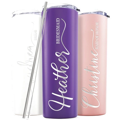 Lily's Atelier Single, Bridesmaid Gifts, Personalized Bridesmaid Tumbler W/Name and Title - 8 Vivid Colors, 5 Designs - 20 Oz Engraved Skinny Tumbler W/Straw Set