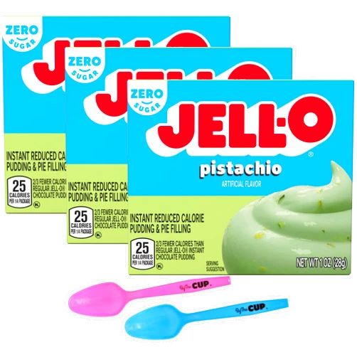 By The Cup Jell-O Zero Sugar Pistachio Instant Pudding & Pie Filling Mix 1 oz Box (Pack of 3) with By The Cup Mood Spoons