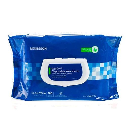 StayDry McKesson StayDry Disposable Wipe - Large Adult Body and Incontinence Washcloths with Aloe and Vitamin E, Alcohol-Free, 100 Wipes Per Pack