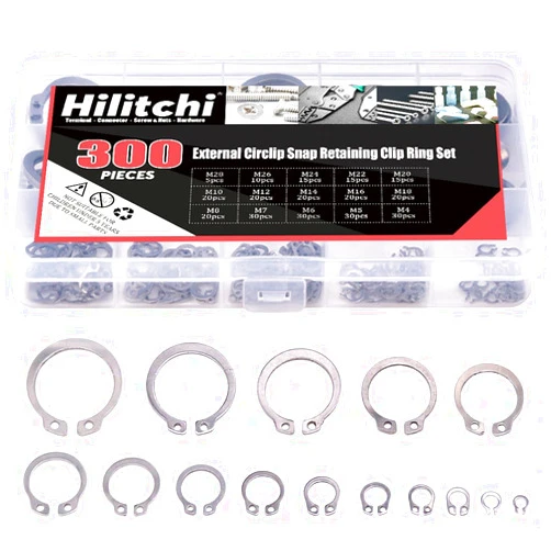 Hilitchi 300-Pcs [15-SIZE] External Circlip Snap Retaining Clip Ring Assortment Set - 304 Stainless Steel