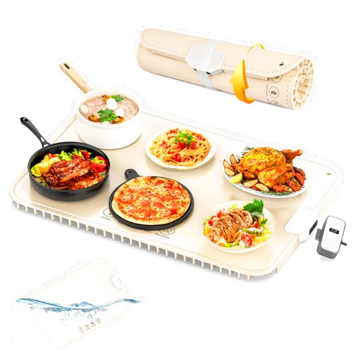 Carsolt Food Warming Mat - Electric Warming Tray Full Surface Heating with Detachable Plug, Adjustable Temperature and 12 Hours Timer, Roll Up Food Warmers for Parties Buffet, Gathering, Holiday(Beige)