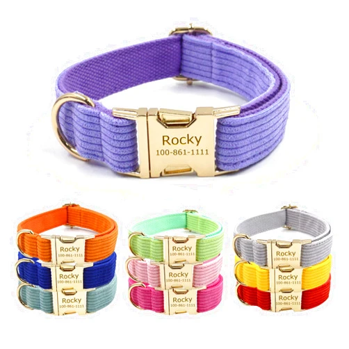 YUNMARY Personalized Velvet Dog Collars with Name Phone Number Engraved, Custom Adjustable Soft Stripe Collar with Metal Buckle for Small Medium Large Dogs, Dog Leash and Bow Tie Available - Purple
