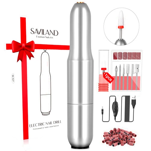SAVILAND Portable Electric Nail Drill Machine - 20000 RPM USB Electric Nail File with 7 Nail Drill Bits and 51 Sanding Bands for Polishing and Removing Nail Manicure Tools Home Salon Use, Silvery