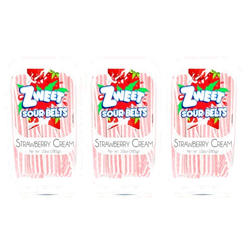 Zweet Sour Strawberry Cream Candy Belts 10 Ounce – Sour Kosher Candy, Halal Candy – Resealable Pack of Sour Licorice Belts (Pack of 3)