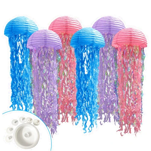 Hrhshw Jelly Fish Paper Lanterns, Under The Sea Party Decortions, 6pcs Lantern with Rope&Hooks for Mermaid Underwater World Ocean Themed Birthday Party Baby Shower Decor (blue pink light purple)