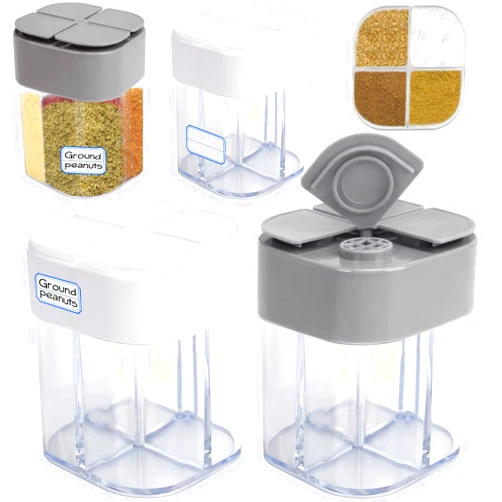 Runloon 4 Pack 4 in 1 Plastic Salt and Pepper Shaker, 4 Grids Flip Empty Spice Dispensers Travel Spice Container Compartment Seasoning Shakers with Lid Travel Spice Jars with Labels for Cooking BBQ
