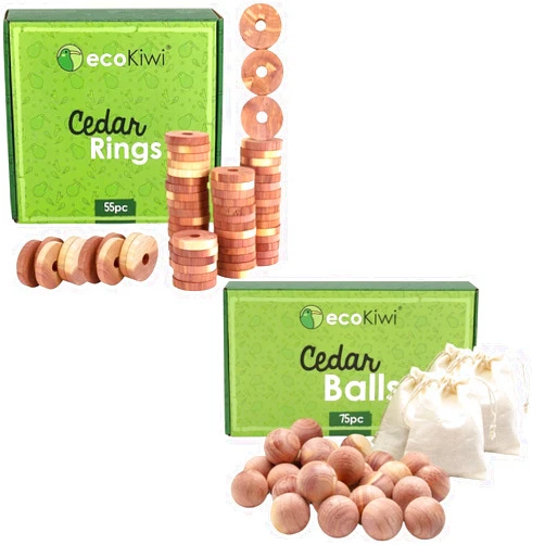 ecoKiwi Cedar Blocks for Clothes Storage Bundle - 55 Pack Rings & 75 Pack Balls - 100% Natural Aromatic Cedar Closets & Drawers - Scented Cedarwood Oil with Sandpaper - Cedar Freshener Deodorizer