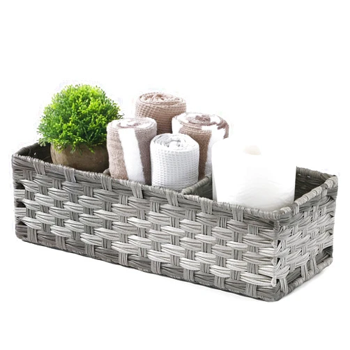 AOZITA [Larger Compartments] Toilet Tank Topper Paper Basket - Multiuse Hand Woven Plastic Wicker Basket with Divider for Organizing, Rustic Farmhouse Bathroom Decor, Countertop Organizer Storage, Grey