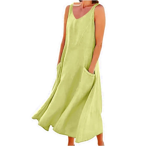 Generic Women's Summer Cotton Linen Long Dress Sleeveless Elegant Flowy Dresses Baggy Flowy Maxi Sun Dresses Pocket