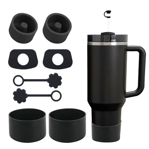 SALUOKE Stanley Cup Accessories 8 Pcs, Including 2 Straw Cover Cap, 2 Square Spill Stopper, 2 Round Leak Stopper, 2 Pcs Silicone Boot for Stanley Cup 2.0 40/30oz/Tumbler and Stanley IceFlow 20oz 30oz (Black)