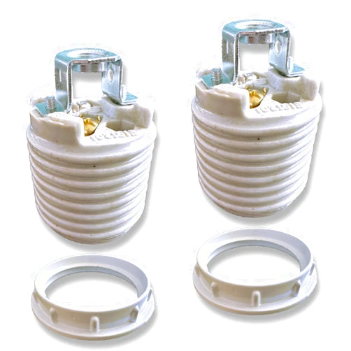 RXEAZIL E26 Ceramic Threaded Light Socket with White Aluminum Shade Ring, UL Listed Medium Base Standard Screw-in Light Bulb Socket Replacement, Porcelain Lamp Holder for Halogen LED Bulb (2)