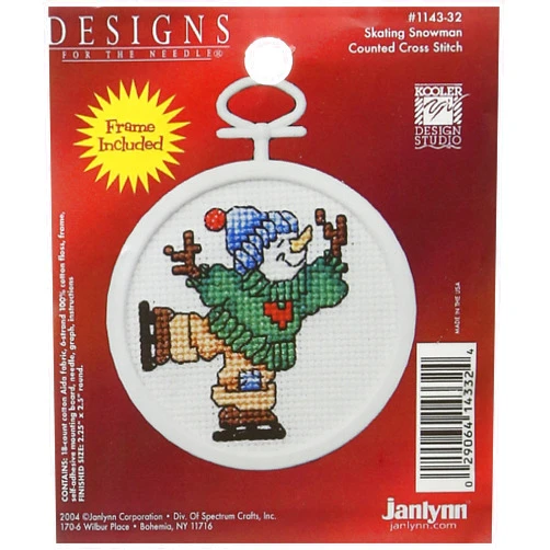 Janlynn 1143-32 18 Count Mini Counted Cross Stitch Kit, 2.5-Inch, Round, Skating Snowman