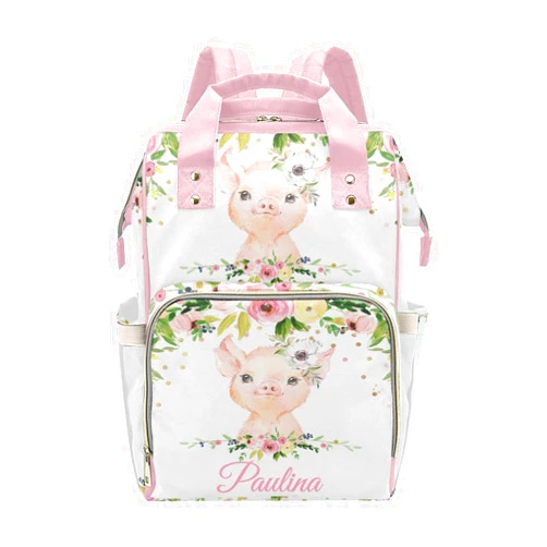 Deven Cute Farm Pig Floral Personalized Diaper Backpack with Name,Custom Travel DayPack for Nappy Mommy Nursing Baby Bag One Size